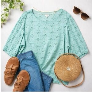 J Jill Top 2X Plus Tunic Green Eyelets Lagenlook Embroidered 3/4 Peasant Sleeve